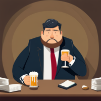 Fat lawyer guy sits at the table and drinks beer
