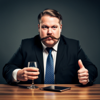 Fat lawyer guy sits at the table and drinks beer no mustaches