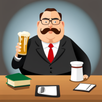 Fat lawyer guy sits at the table and drinks beer, he have no mustaches