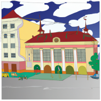 Плоский Стиль 2D анимации, стиль карандаш, жилой квартал города, изображение показывающих разрушенные здания и объекты инфраструктуры (школы, больницы и т.д.), а также людей находящихся в бедствии и нуждающихся в гуманитарной помощи.